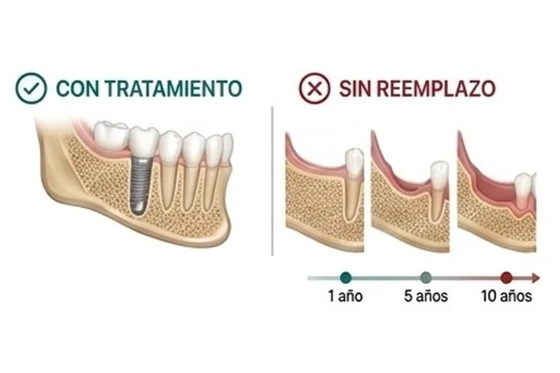 Comparación: con implante el hueso del maxilar se mantiene; sin reemplazo se va reabsorbiendo al año, a los 5 y a los 10.