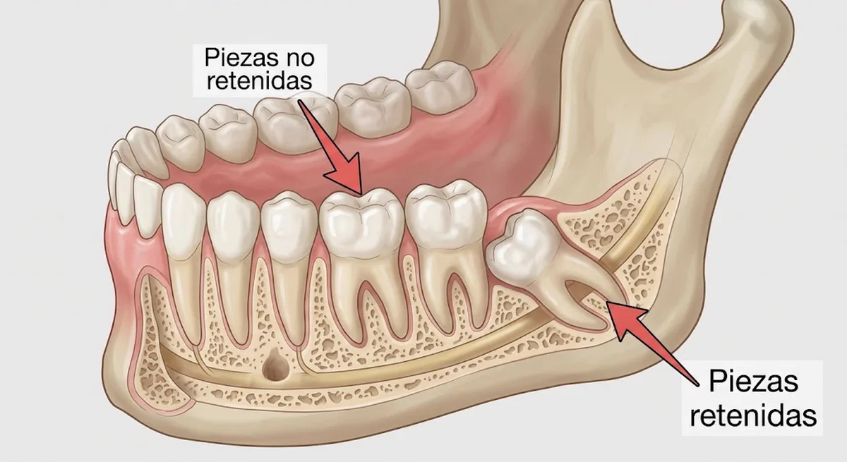 Diagrama de una mandíbula mostrando una pieza no retenida, ya erupcionada, y una pieza retenida dentro del hueso