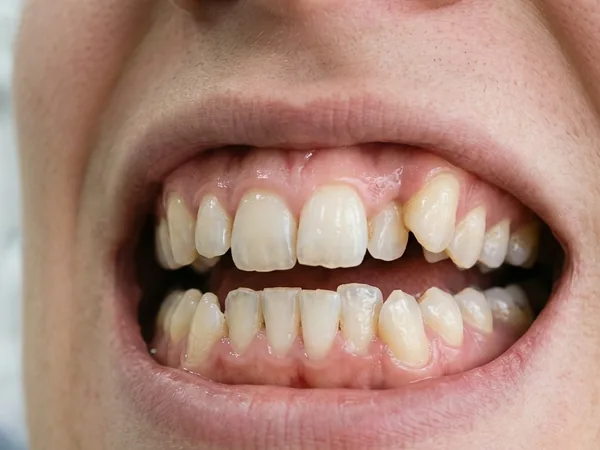 Sonrisa con los dientes de arriba apiñados, montados unos sobre otros.