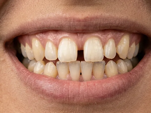 Sonrisa con separaciones visibles entre los dientes de arriba.